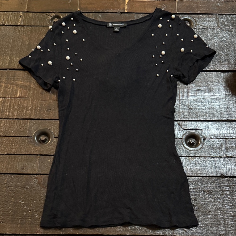 INC International Concepts Black Studded Short Sleeve Top